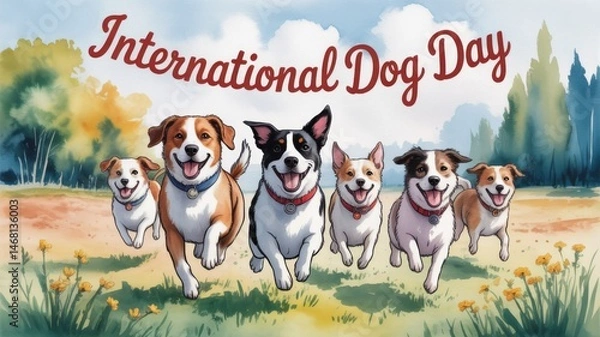 Fototapeta Watercolor Dogs Running Through Field – International Dog Day Art Generative AI