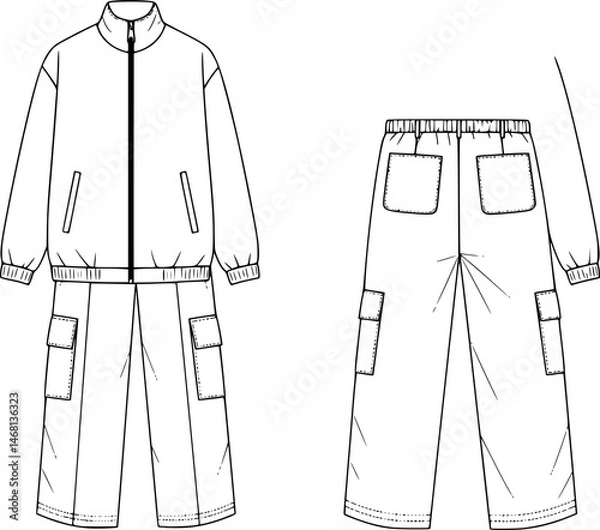Obraz men's drawstring waist short pant and jogger bottom flat sketch vector illustration front and back view training tracksuit full zip long sleeve jacket and pants running jogging athletic sports wear 