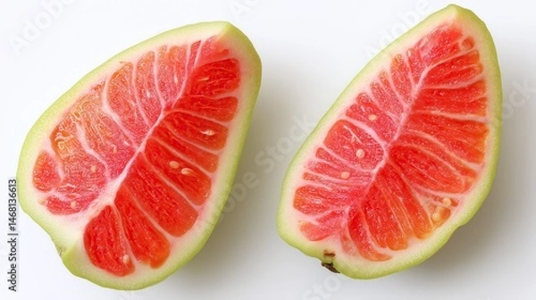 Fototapeta Two vibrant grapefruit halves with juicy red pulp sit side by side on plain white surface ready to enjoy