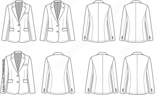 Obraz flat sketch set of women's blazer jacket technical cad drawing vector template
