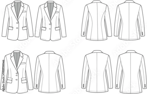 Obraz flat sketch set of women's blazer jacket technical cad drawing vector template

