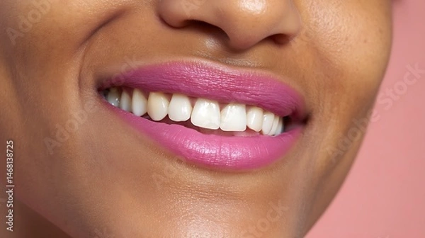 Obraz Close-Up of Bright Smile with Pink Lipstick Against Soft Background