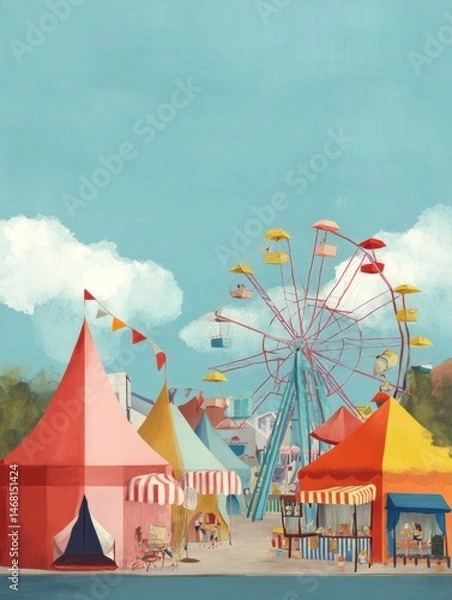 Fototapeta Colorful Carnival Atmosphere With a Ferris Wheel and Vibrant Tents Under a Clear Blue Sky During a Summer Festival Generative AI