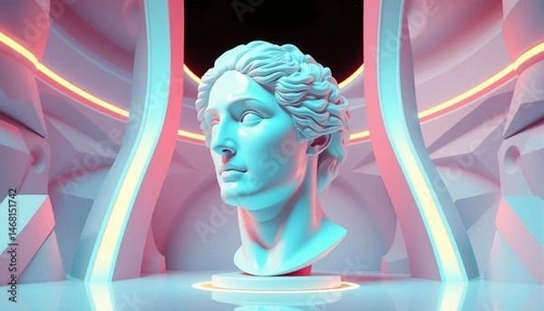 Fototapeta Classical bust in futuristic setting illuminated by neon lights blend of history and innovation