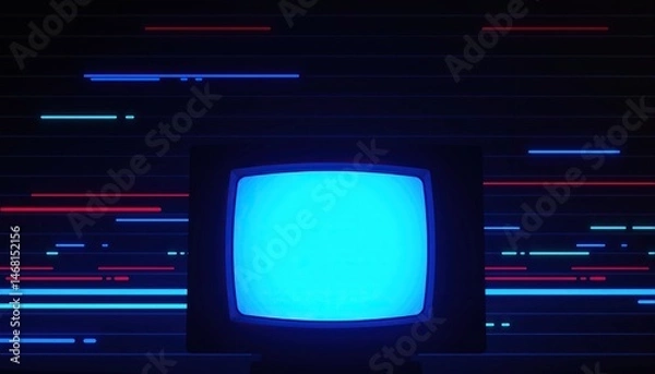 Fototapeta old monitor with glowing blue screen sits against backdrop of red and blue glowing lines