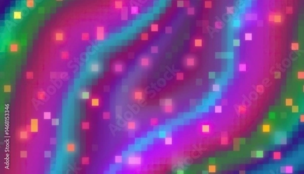 Fototapeta Pixelated Colorful Abstract: Swirls of green blue and purple with glowing square accents retro feel