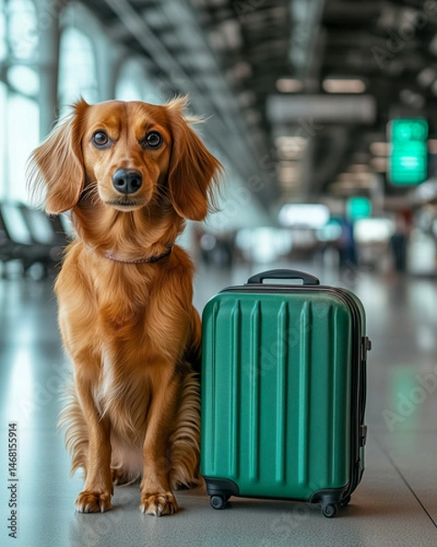 Obraz Dachshund dog waiting for the owner at airport next to terminal near green suitcase