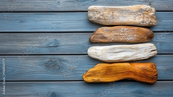 Obraz Coastal driftwood pieces collected from shoreline showing organic color spectrum from sun-bleached white to rich amber, displayed on rustic blue-gray wooden surface with natural grain texture