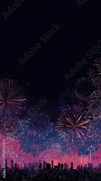 Fototapeta Spectacular Fireworks Display Over City Skyline At Night Celebrating Festival Of Lights With Colorful Pyrotechnics In The Dark Sky