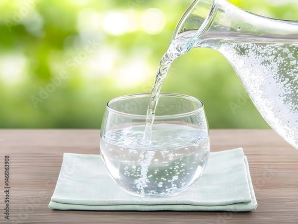 Obraz Refreshing Sparkling Water Pouring into Glass on Table