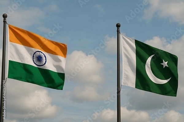 Obraz Pakistani and Indian flags are fluttering