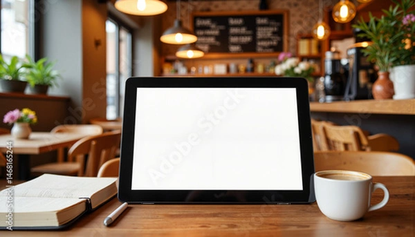 Fototapeta Cozy workspace with tablet and coffee in modern cafe, productivity boost