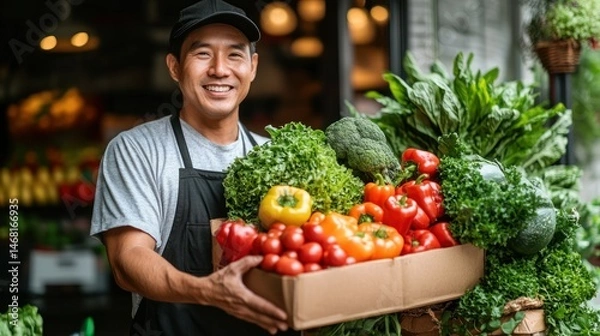 Obraz Smiling grocer holds fresh produce