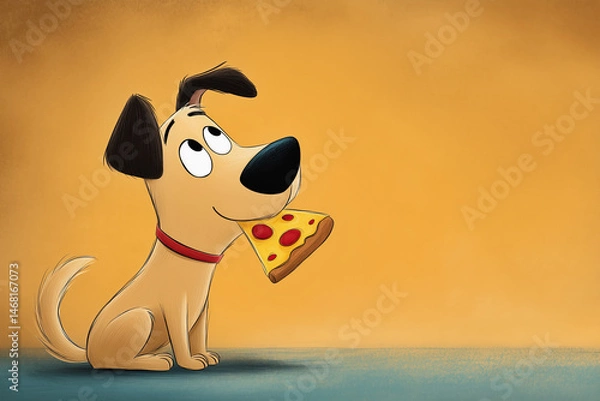 Fototapeta Cartoon of a dog with a slice of pizza
