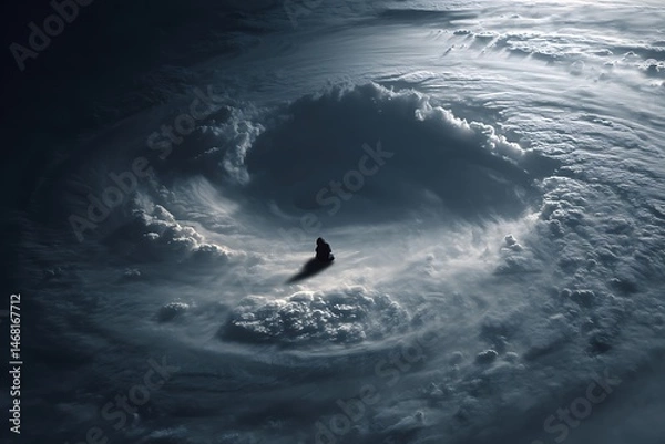 Fototapeta A kneeling shadow with a hurricane rotating where its heart should be, the eye of the storm containing a perfectly still but screaming face