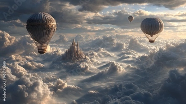 Fototapeta Hot air balloons float through a cloudy sky, near a castle shrouded in mist.