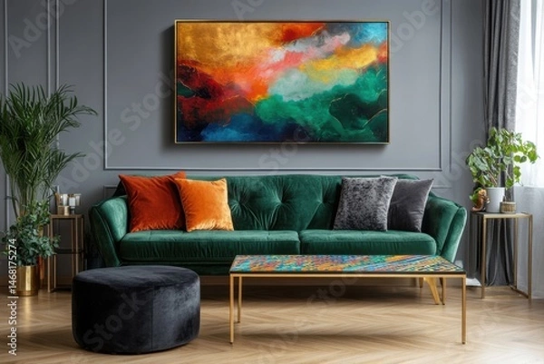 Fototapeta Vibrant abstract painting hangs above a plush emerald green sofa, accented with colorful pillows and a patterned coffee table, in a modern living room