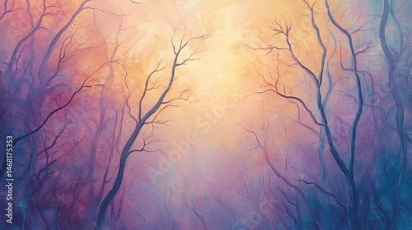 Fototapeta Misty forest sunset glow