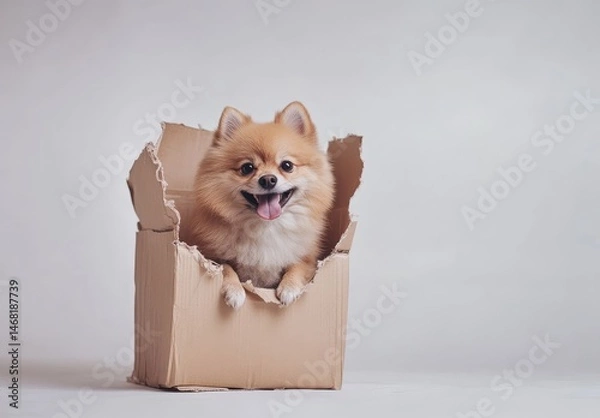 Fototapeta Playful Pomeranian puppy in a cardboard box.  The dog is a light orange color and has a fluffy coat. It is sitting in a cardboard box with ripped edges. The dog's mouth is open in a happy expression