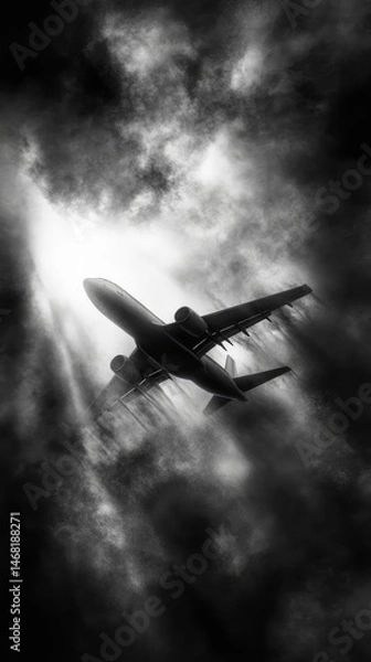 Fototapeta Airplane silhouette in dramatic light rays against a textured background. Black and white composition shows the aircraft flying through atmospheric particles or clouds.