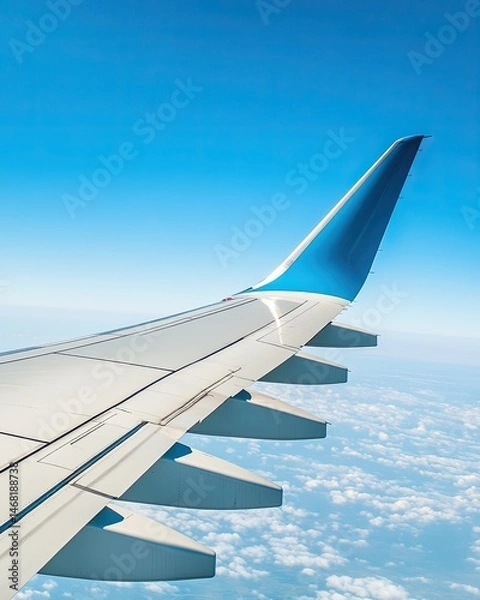 Fototapeta Airplane wing soaring above a cloud filled sky capturing a stunning aerial view from inside. Bright blue hues and fluffy white clouds creating a peaceful landscape.