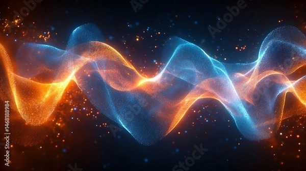 Obraz Abstract digital wave with blue and orange light particles on a dark background