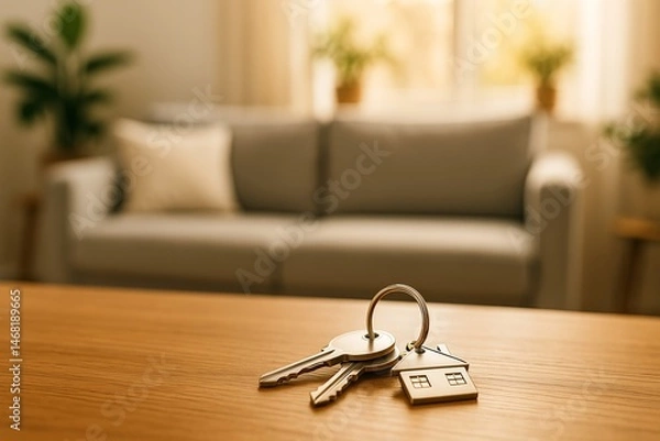Fototapeta Real estate marketing, home buying journey, emotional start of a new chapter. Themes: purchasing a first home. New beginnings with keys resting on a wooden table in a cozy living room during daylight