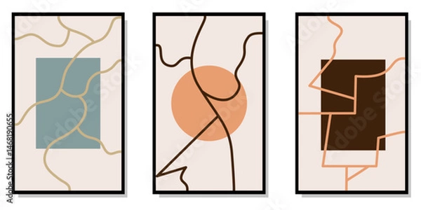 Fototapeta Scandinavian bohemian themed poster with abstract patterns, squares and circles, mid century, perfect for wall decoration, wall art. Vector illustration.