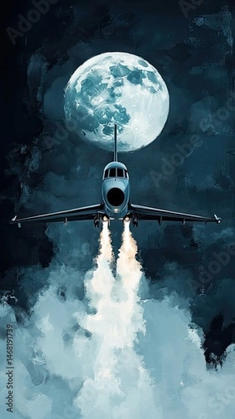 Fototapeta Pixelated artwork featuring a jet launching towards a large moon. The image uses shades of blue and white creating a contrast with the dark background. Smoke trails and pixel effects are prominent.
