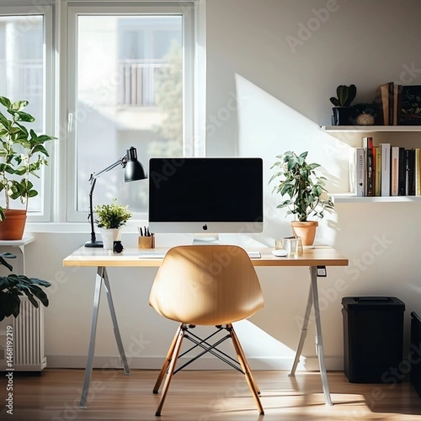 Fototapeta Home Office Workspace with Modern Interior and Stylish Chair: The Perfect Minimalist Design for Productivity and Telecommuting with Desk Computer and Indoor Plants in Neutral Colors