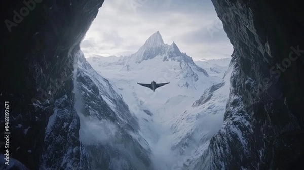 Fototapeta A silhouette of a mountain and plane in a snow-covered terrain is framed by a cave. The plane is centrally positioned within the mountain pass bathed in cold ambient light.