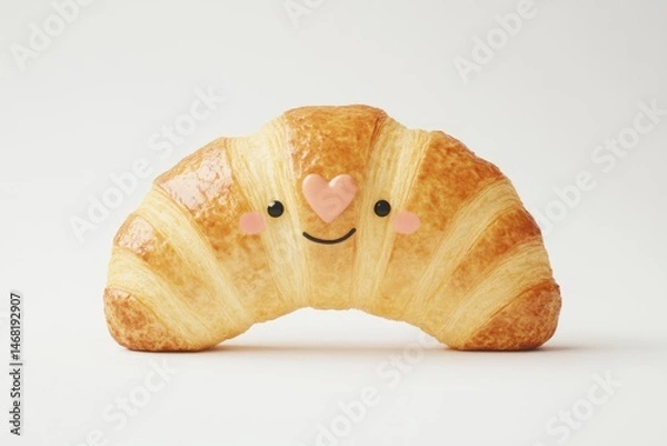 Fototapeta A cute, golden-brown croissant with a smiling face and a pink heart on a clean, white background, adorable and appetizing.