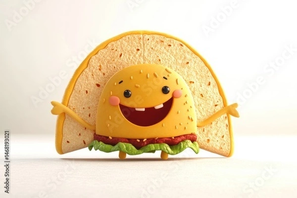 Obraz A cheerful, animated taco character with a big smile, rosy cheeks, and outstretched arms stands against a plain white background.