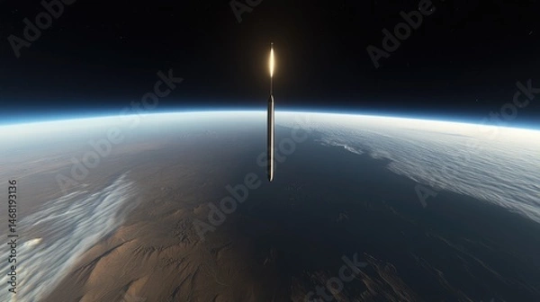 Fototapeta High-angle shot of a rocket ascending from Earth against the dark cosmos showcasing earth curvature, glowing contrail and contrasting colors.