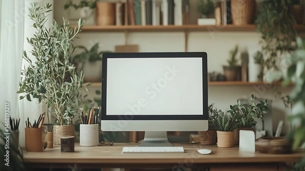 Fototapeta Cozy Home Office with Blank Screen Computer