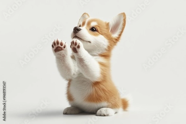 Fototapeta Adorable Corgi puppy sitting on its hind legs with paws up, looking up with curiosity on a white background.