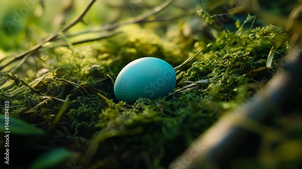 Obraz Blue egg resting on soft moss in a natural forest nest, symbol of spring and new life.