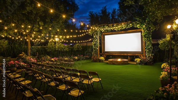 Obraz Outdoor Cinema Garden. Beautifully decorated garden cinema setup with string lights