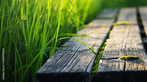 Obraz Wooden Path in Grass. Close-up of an old wooden path surrounded by lush green grass in warm sunlight.