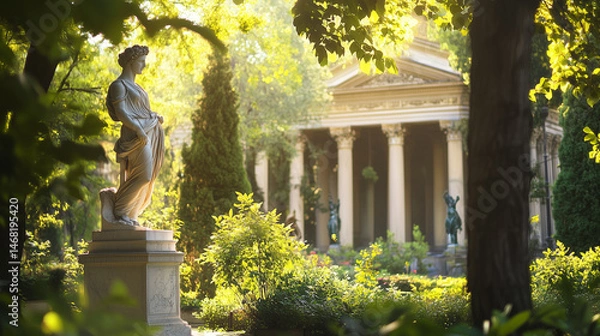 Obraz Ancient statue and classical building in lush green garden with morning sunlight.
