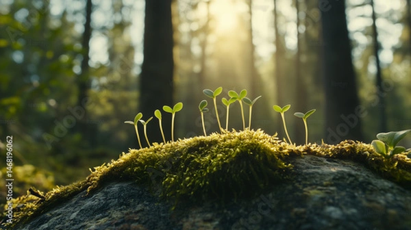 Obraz Forest Seedlings Growth. Seedlings growing in forest under soft sunlight.