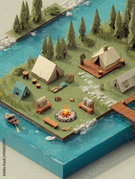 Fototapeta Isometric Camping Ground Featuring Tents, Bonfire, and Tranquil Lake Surrounded by Trees in a Vibrant Natural Setting Generative AI