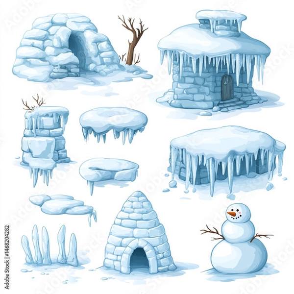 Obraz Collection of snowdrifts and icicles of different shapes in realistic style. Winter elements - snowman and icehouse igloo. Vector illustration.