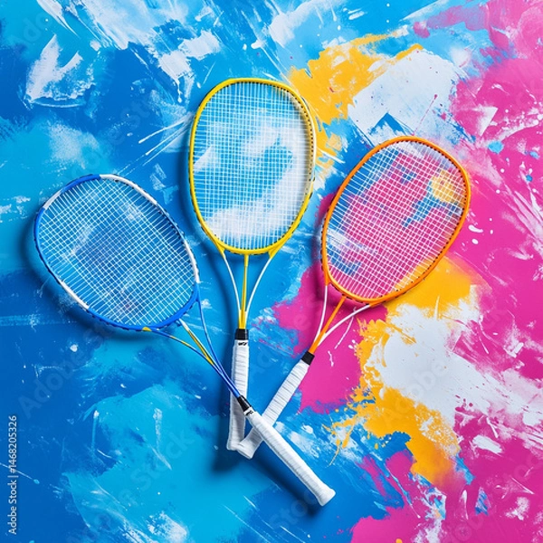 Obraz Colorful badminton rackets against vibrant splash background