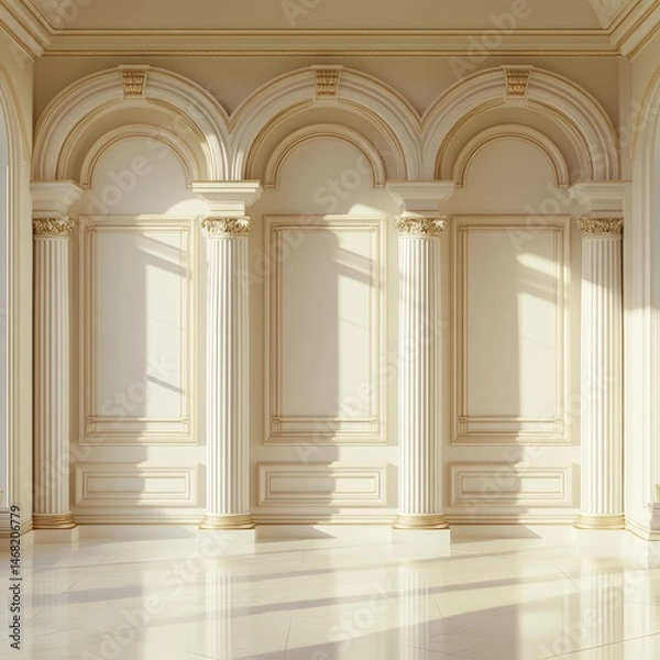 Fototapeta Spacious, elegant interior with ornate columns and arches.
