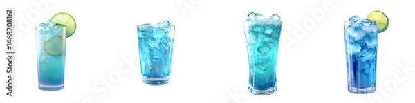 Fototapeta Blue Mocktail Drink with Ice Cubes and Lime Slice — Realistic Refreshing Summer Beverage Illustration — Isolated Transparent PNG Set