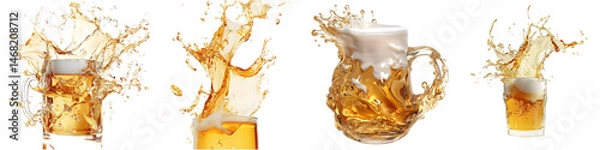 Fototapeta Realistic Beer Splash with Foam and Mug Illustration Set — Cold Drink Splash Clipart Collection — Isolated on transparent background