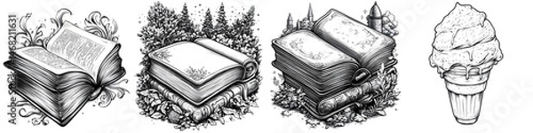 Fototapeta Vintage Engraved Book and Ice Cream Illustrations Set for Editorial, Tattoo and Fantasy Design – Isolated on transparent background