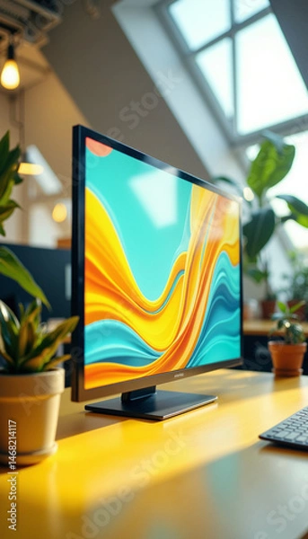 Fototapeta Colorful monitor with abstract background in cozy workspace