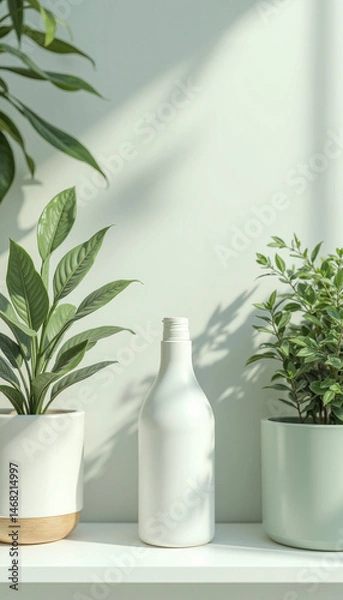 Fototapeta White bottle on shelf surrounded by green plants